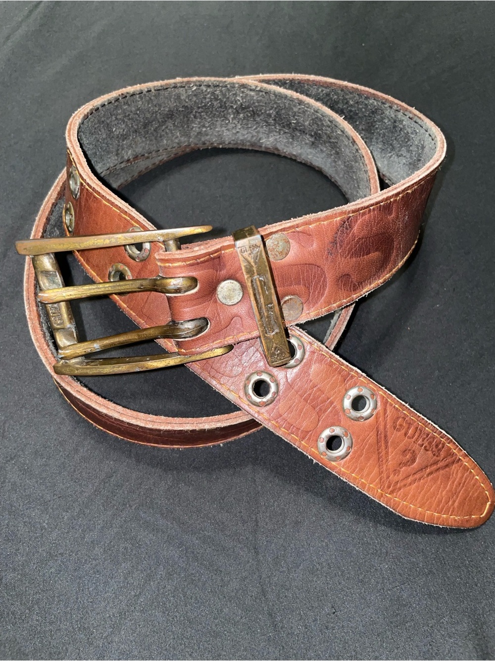 Men's Guess Classic Brown Leather Belt with Double Prong Brass Buckle